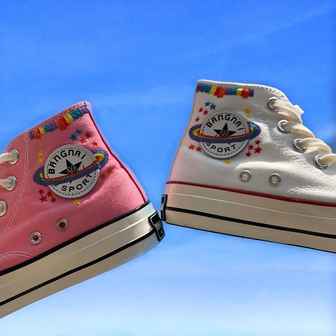 Rainbow Embroidered Pink/White/Blue/Black Canvas Shoes BE849