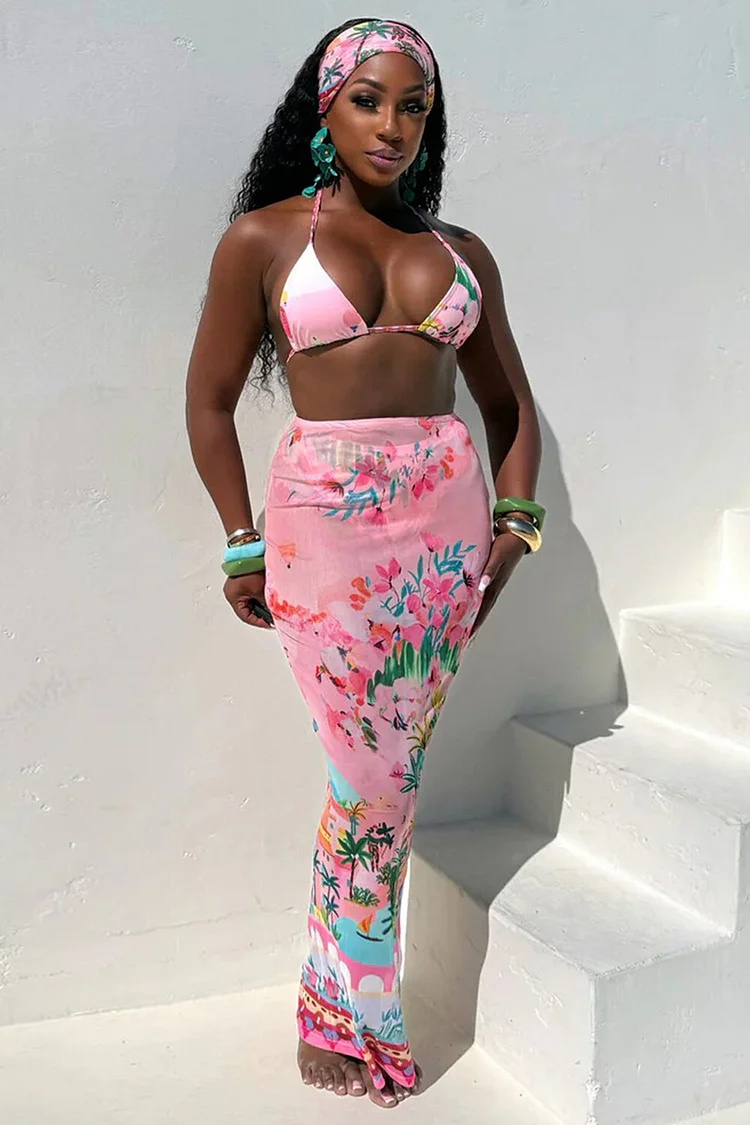 Floral Print Semi Sheer Maxi Skirt Halter Bikini Swimsuit 3pcs Set-Pink