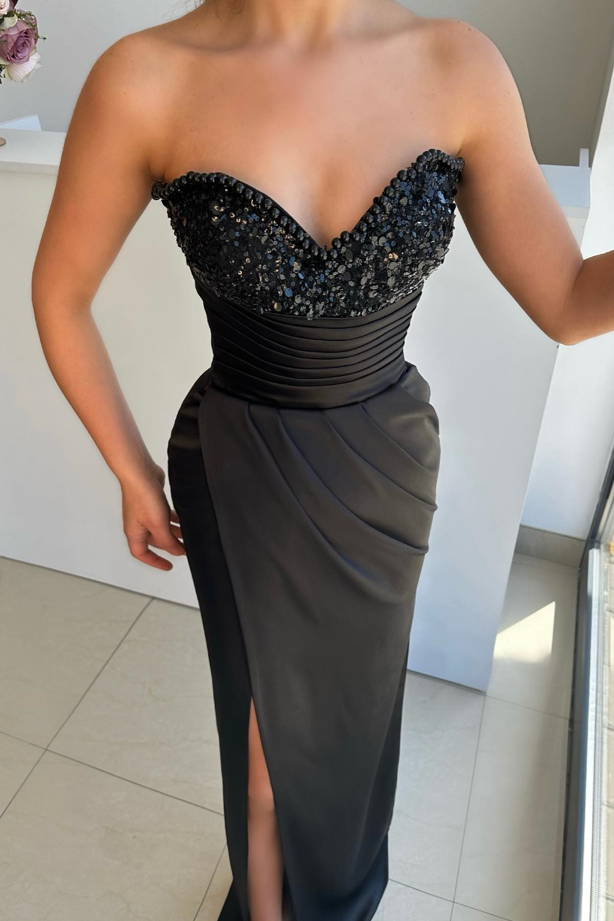 Bellasprom Black Sweetheart Mermaid Prom Dress Pleats Pearls Sequins With Split Bellasprom