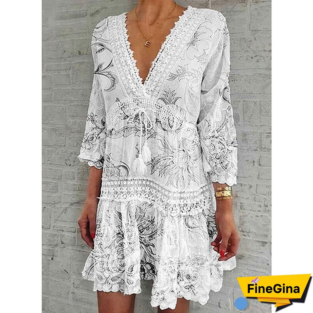 Women Fashion Floral Printed Dress Casual Beach Dress Summer V-neck Lace Dress Sexy Party Dress 3/4 Sleeve Boho Dress