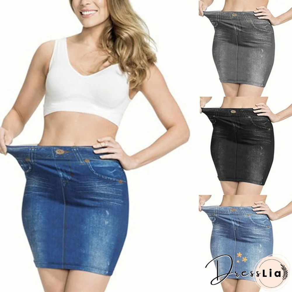 Women Fashion Print Seamless Skirt Faux Denim Jean Skirts Short Slim High Waist Elastic Mini Dress Plus Size