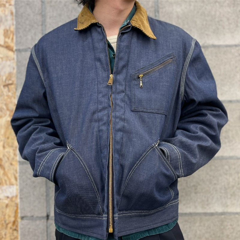 Men's Dark Blue Denim Corduroy Lapel Zipper Jacket