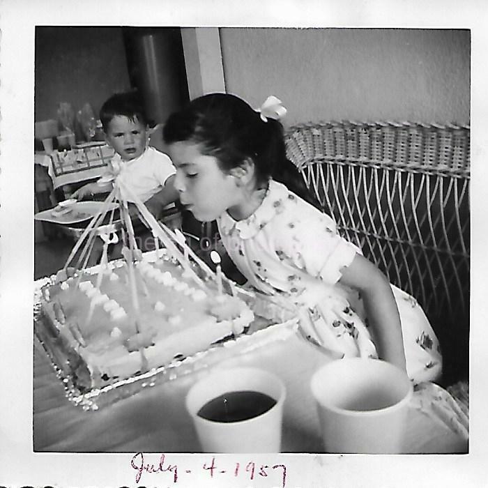 Vintage FOUND Photo Poster painting bw 1950's BIRTHDAY PARTY GIRL Original Snapshot CAKE 112 14F