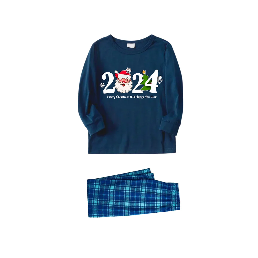 "2024" and Santa Claus Printed Blue Long Sleeve Top With Blue Plaid Family Matching Pajamas