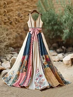 Women's Vintage Floral Art Linen Dress