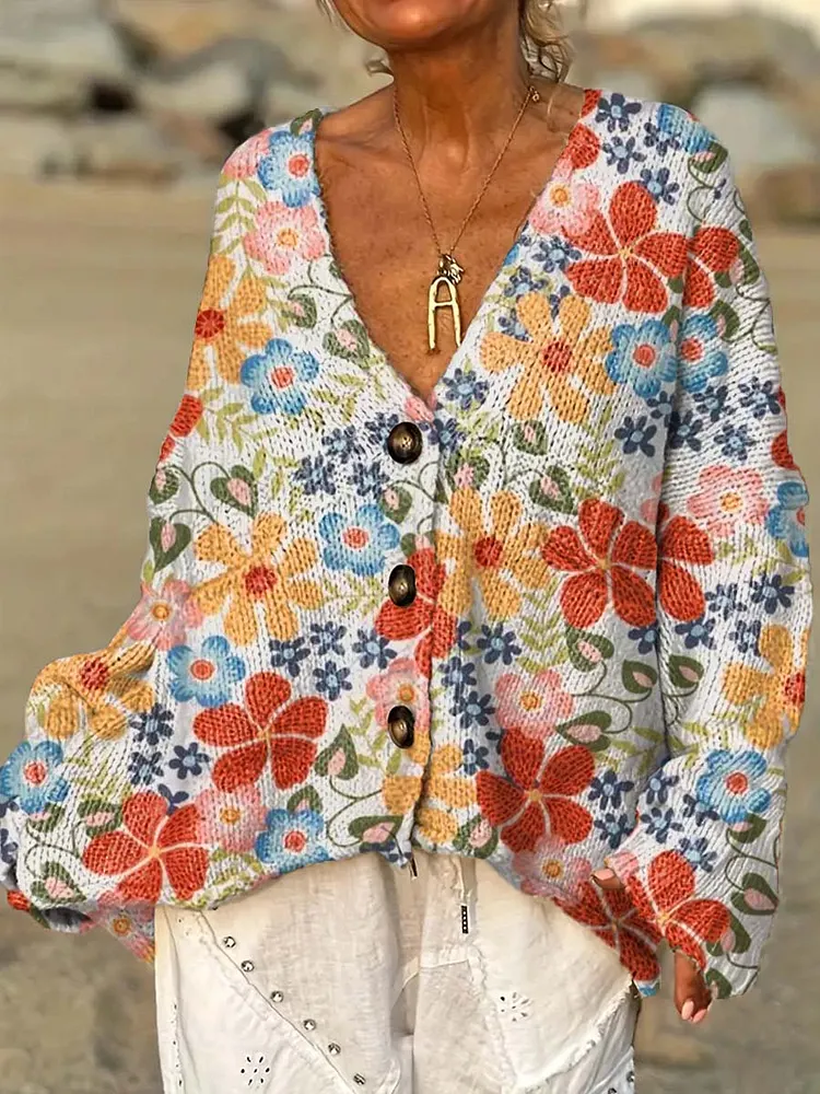 Women's Colorful Artistic Flowers Casual Pullover Sweater