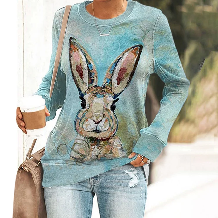 🔥kukelife🔥Rabbit Print Round Neck Long Sleeve Sweatshirt