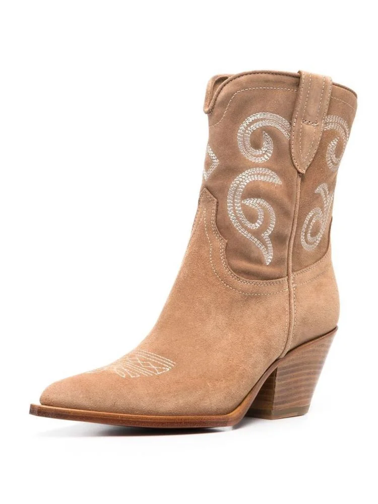 Tan Embroidered Pointy Block Heeled Western Cowgirl Ankle Boots