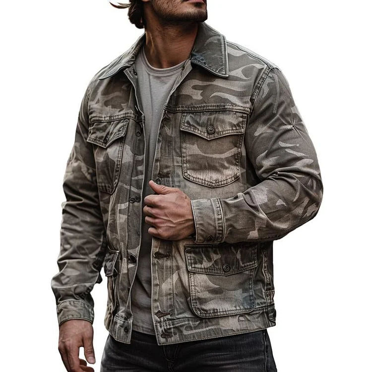 Men's Casual Outdoor Washed Camouflage Multi-pocket Cargo Jacket