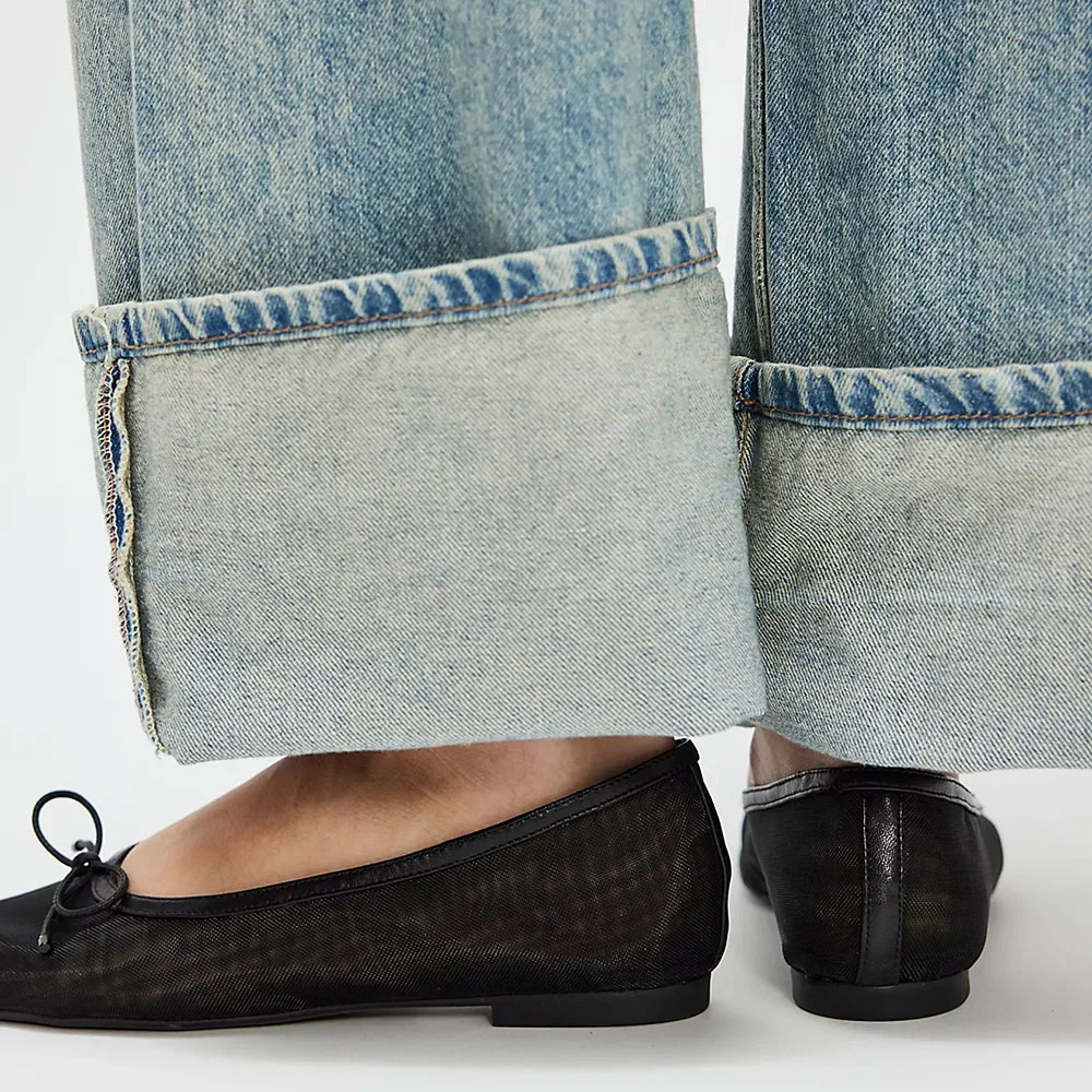 YDN Women's Black Square Toe Bow Decor Casual Mesh Flats