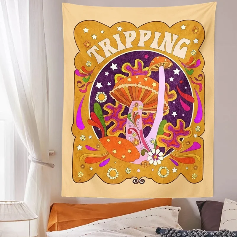 Retro 70s 60s Mushroom Tapestry Vintage Mushroom Psychedelic tripping Botanical INS Trippy Tapestry Hippie Wall Art Decor