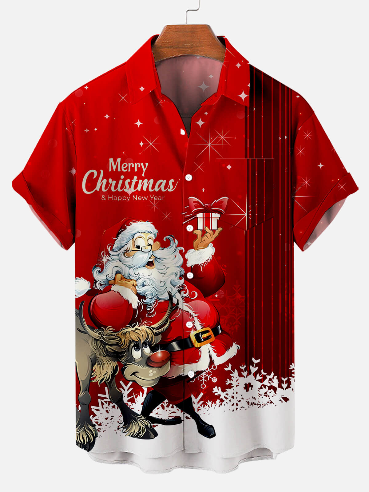 Men's Christmas Santa Claus with Elk Giving Gifts Short Sleeve Shirt PLUSCLOTHESMAN