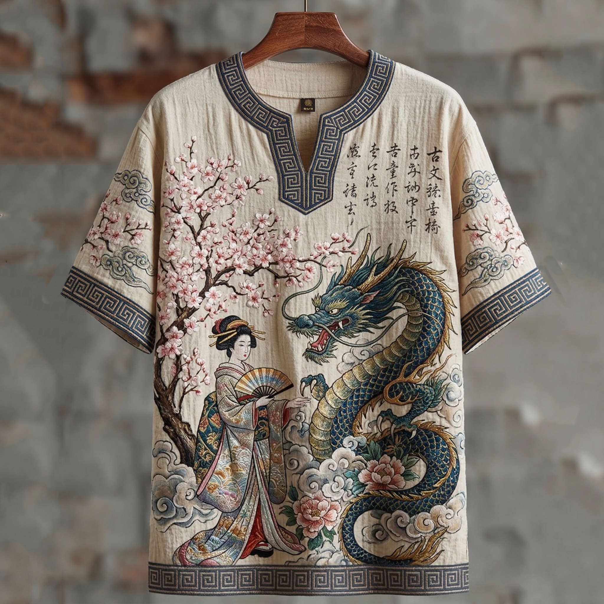 Vintage Elegant Japanese Geisha And Dragon Art Printed Short-sleeve Tops elevenforest