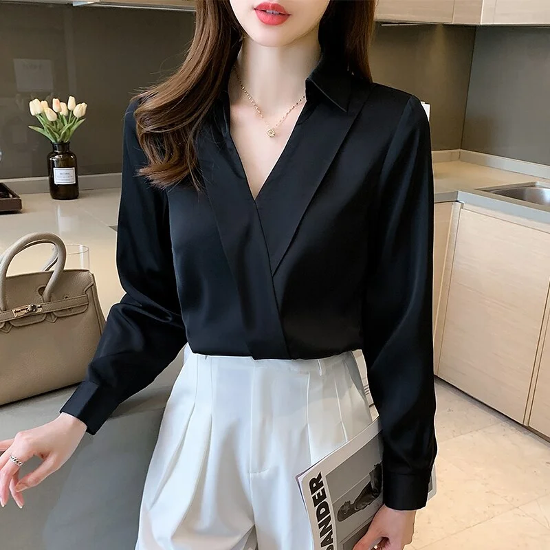 Simple Office Lady Elegant Sexy V-neck Shirt 2022 Autumn New Long Sleeve Shirts Women Fashion Blouse Tops Blusa Mujer 16422