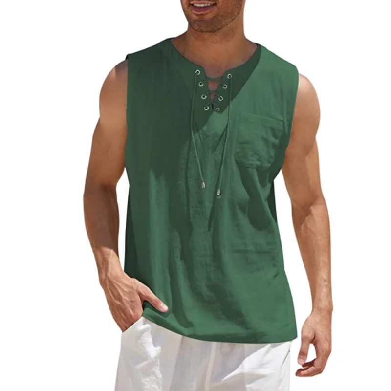 PASUXI New Cotton Linen Tank Top Shirts Casual Sleeveless Lace Up Beach Solid Color Drop Shoulder Men's T-shirts