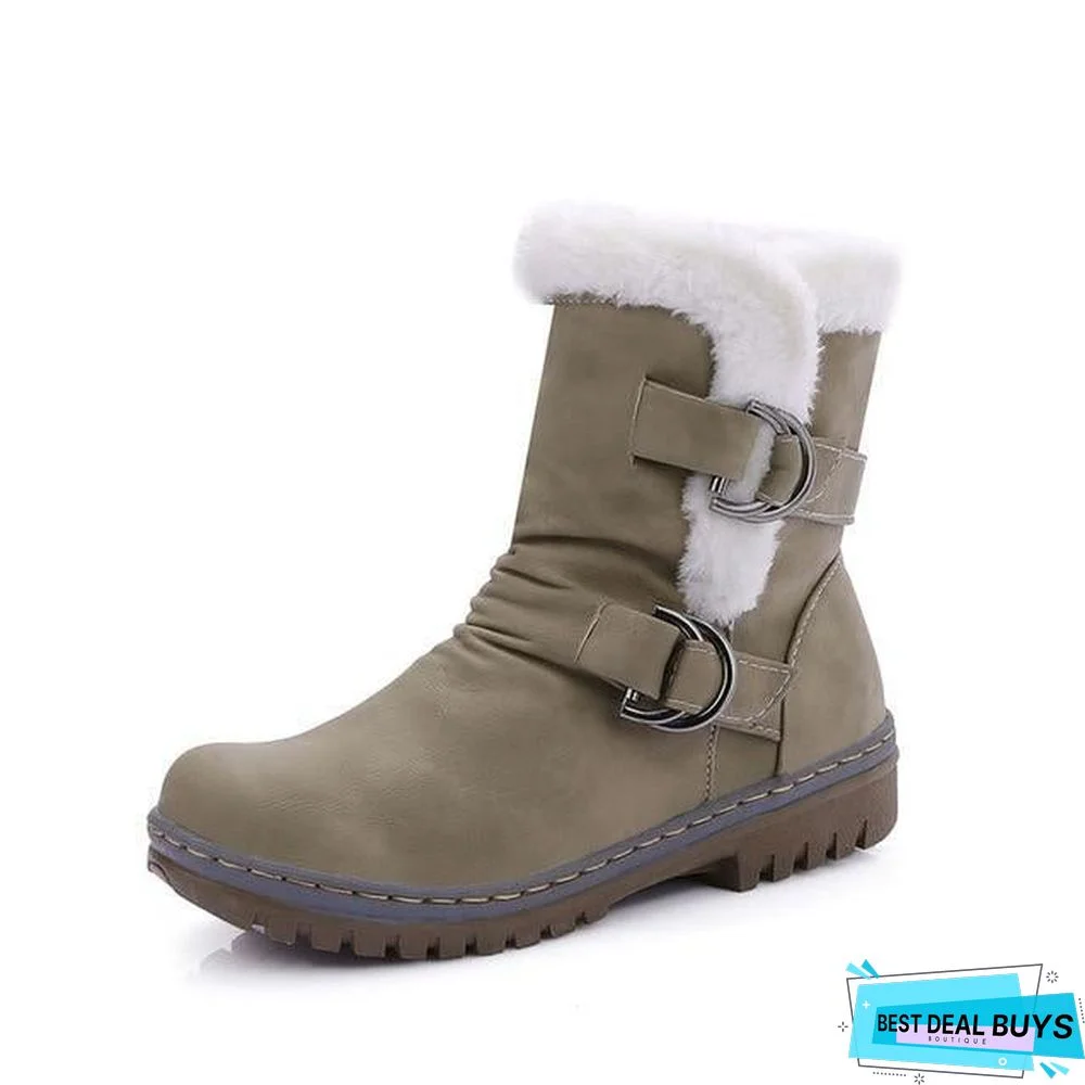 Women Leather Warm mid-calf Plush Fur Velvet Boots Booties Snow Shoes