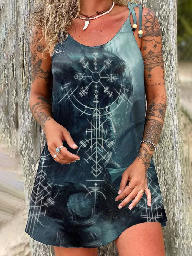 Tribal Viking Totem Print Suspender Mini Dress