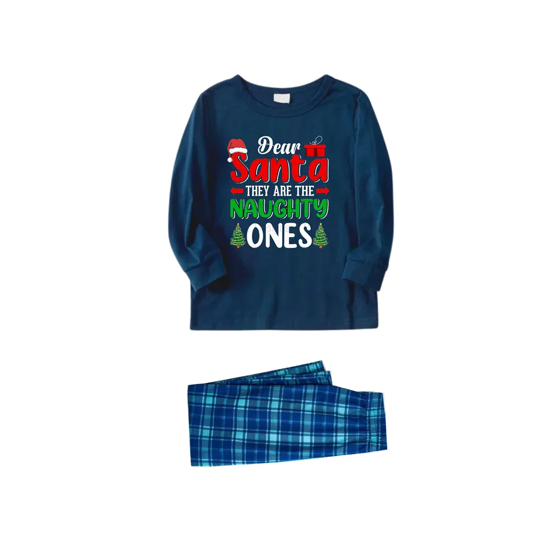 "Dear Santa They are The Naughty Ones" Slogan Printed Blue Plaid Family Matching Pajamas
