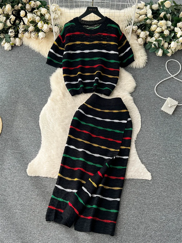 Huibahe Summer Knit Casual Two Pieces Sets Women Loose Short Camisole+ Skinny Long Dress Retro Stripe Hollow Out Design Suit