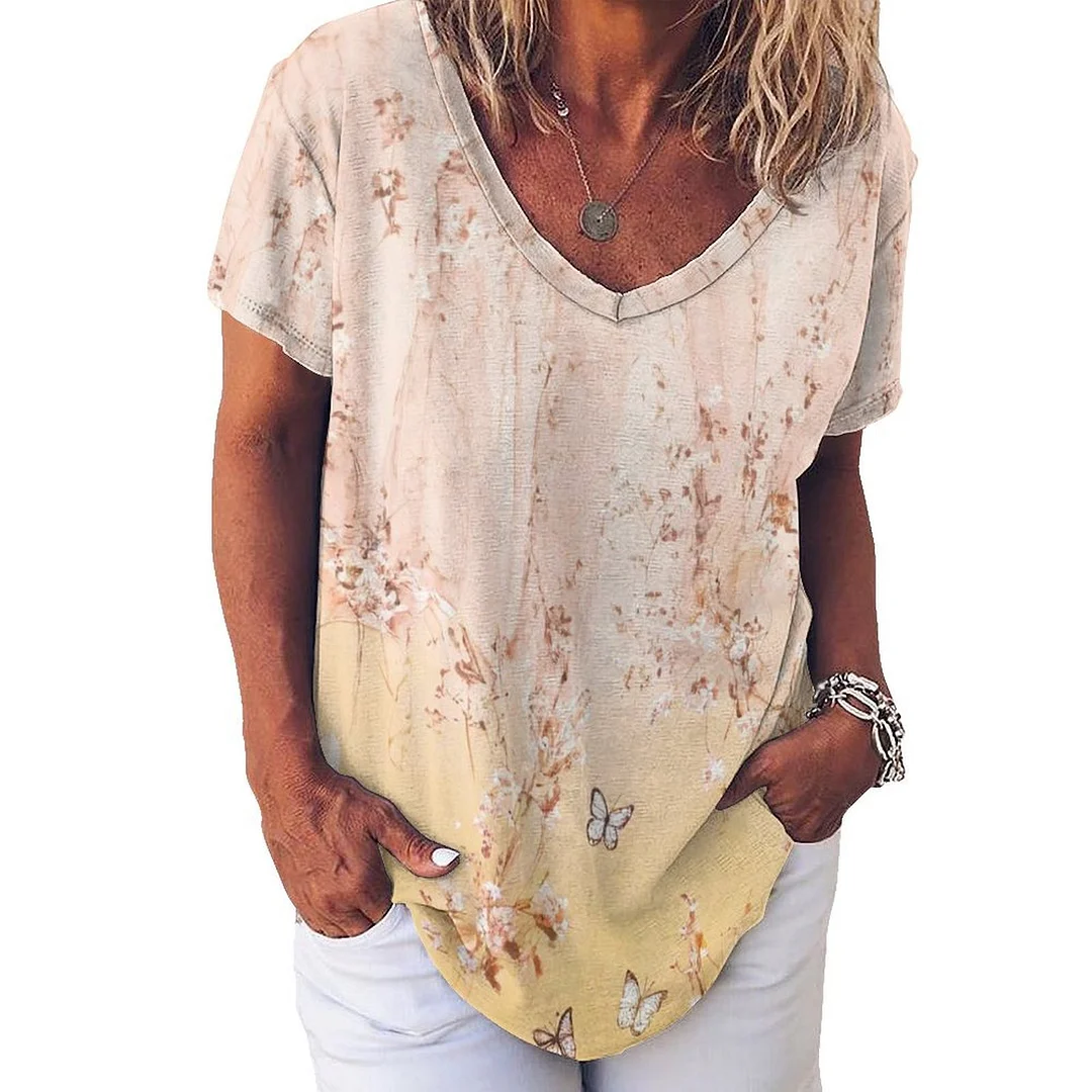 V-neck Short Sleeve Casual T-shirt for  Women Printed with Pattern Floral, Glitter, Pink
