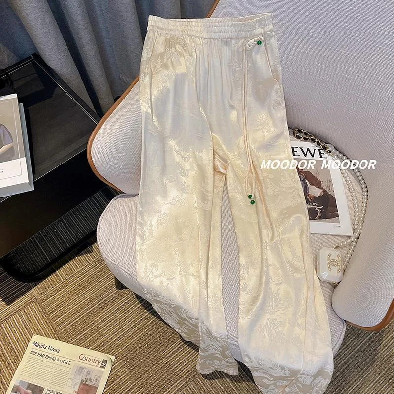 Ueong Jacquard Straight Trousers 2023 Summer New Chinese-Style High-Waist Satin Buckle Casual Wide-Leg Trousers