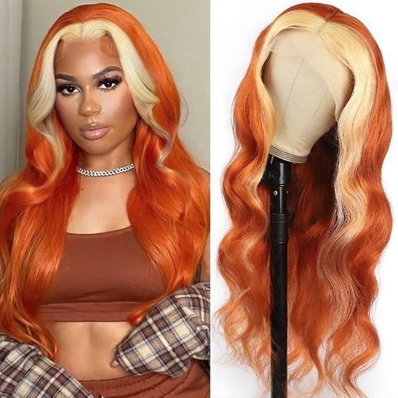 Ginger Body Wave Human Hair Wigs with Blonde Highlight