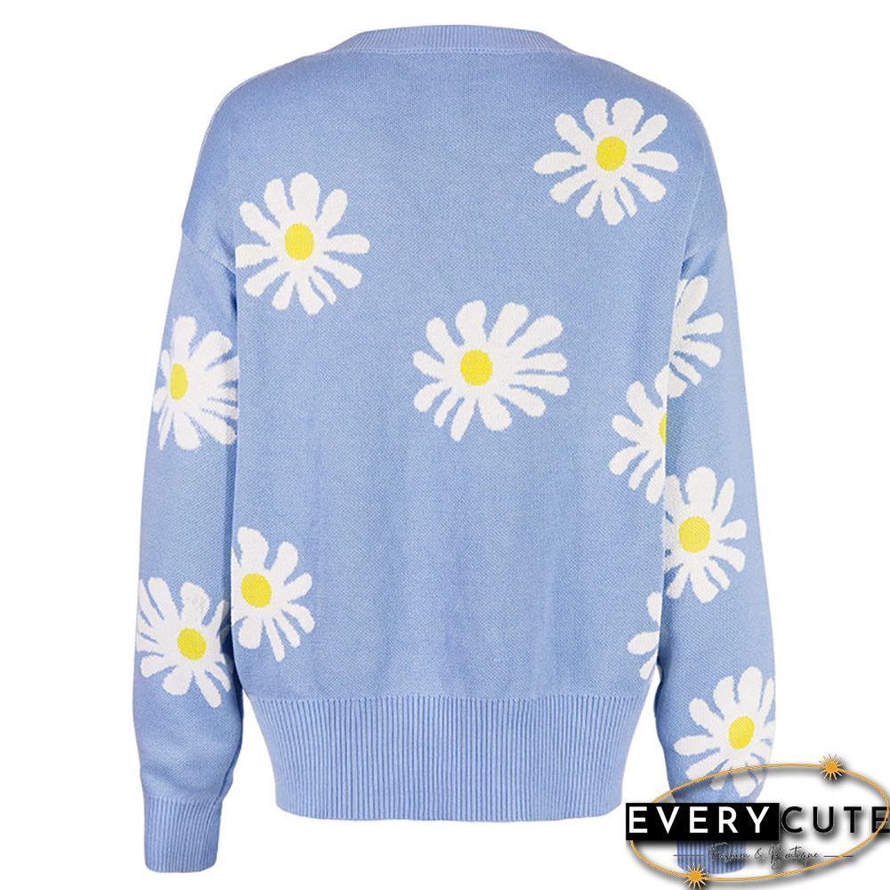 Light Blue Daisy Print Loose Style Knit Cardigan