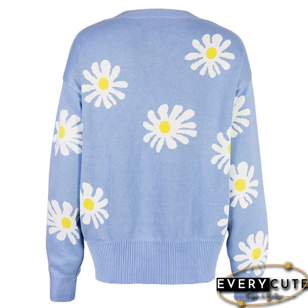 Light Blue Daisy Print Loose Style Knit Cardigan
