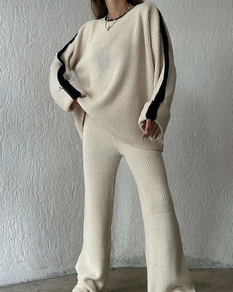 Contrast color striped daily two-piece set