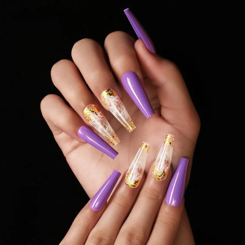 24pcs/box fake nails with glue designed colourful Gold thread rainbow paragraph press on nails coffin girls nail tips stick-on-Nail Inspo