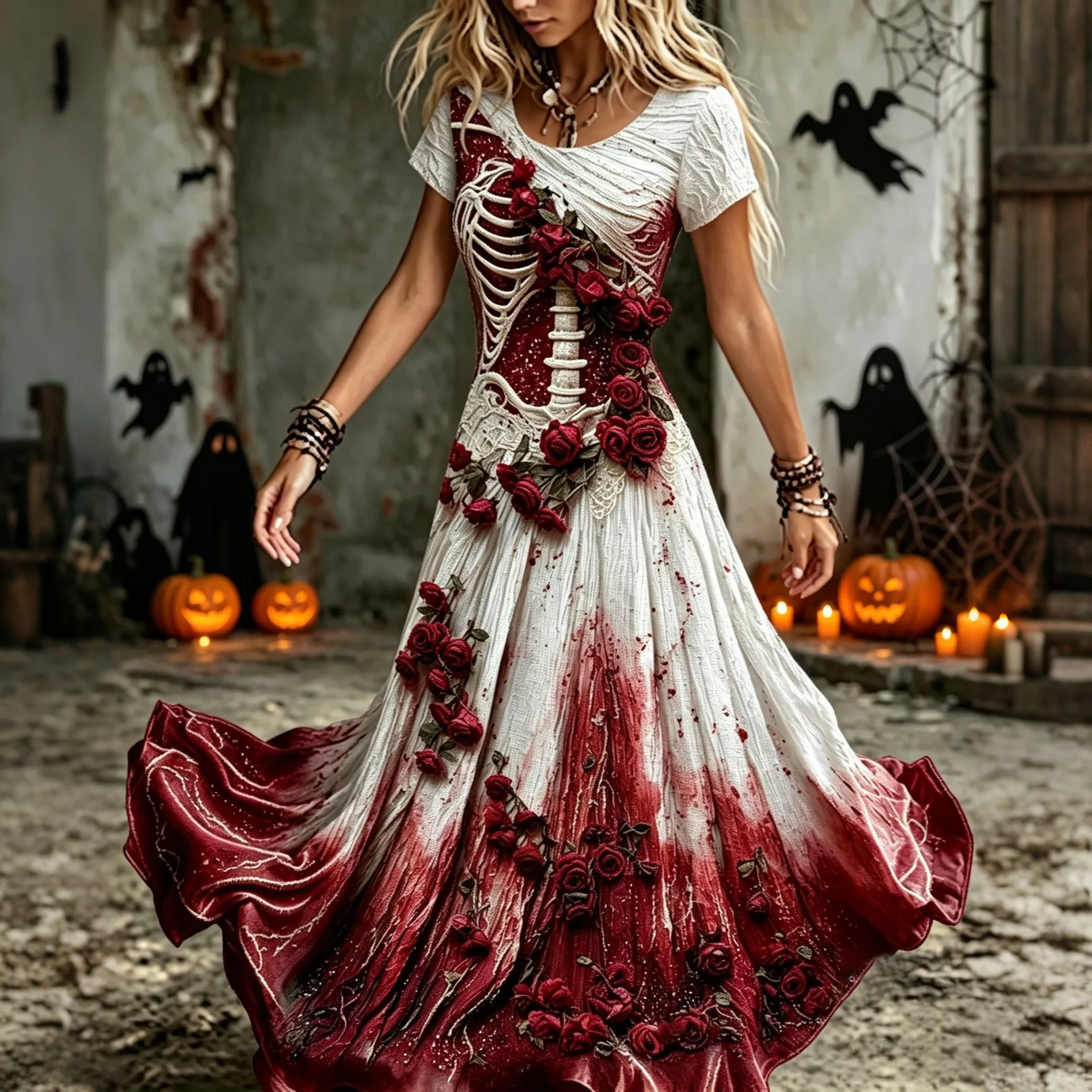 Women's Vintage Halloween Rose And Bloody Art Crew Neck Short Sleeve Maxi Dress artswardrobe