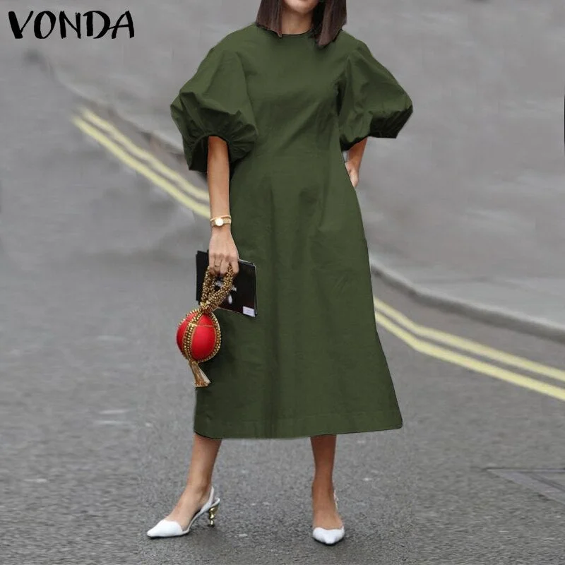 Mid-Calf Dress 2022 VONDA Woman Summer O Neck Short Lantern Sleeve Dresses Bohemian Party Vestidos Femme Mid-Calf Length Robes