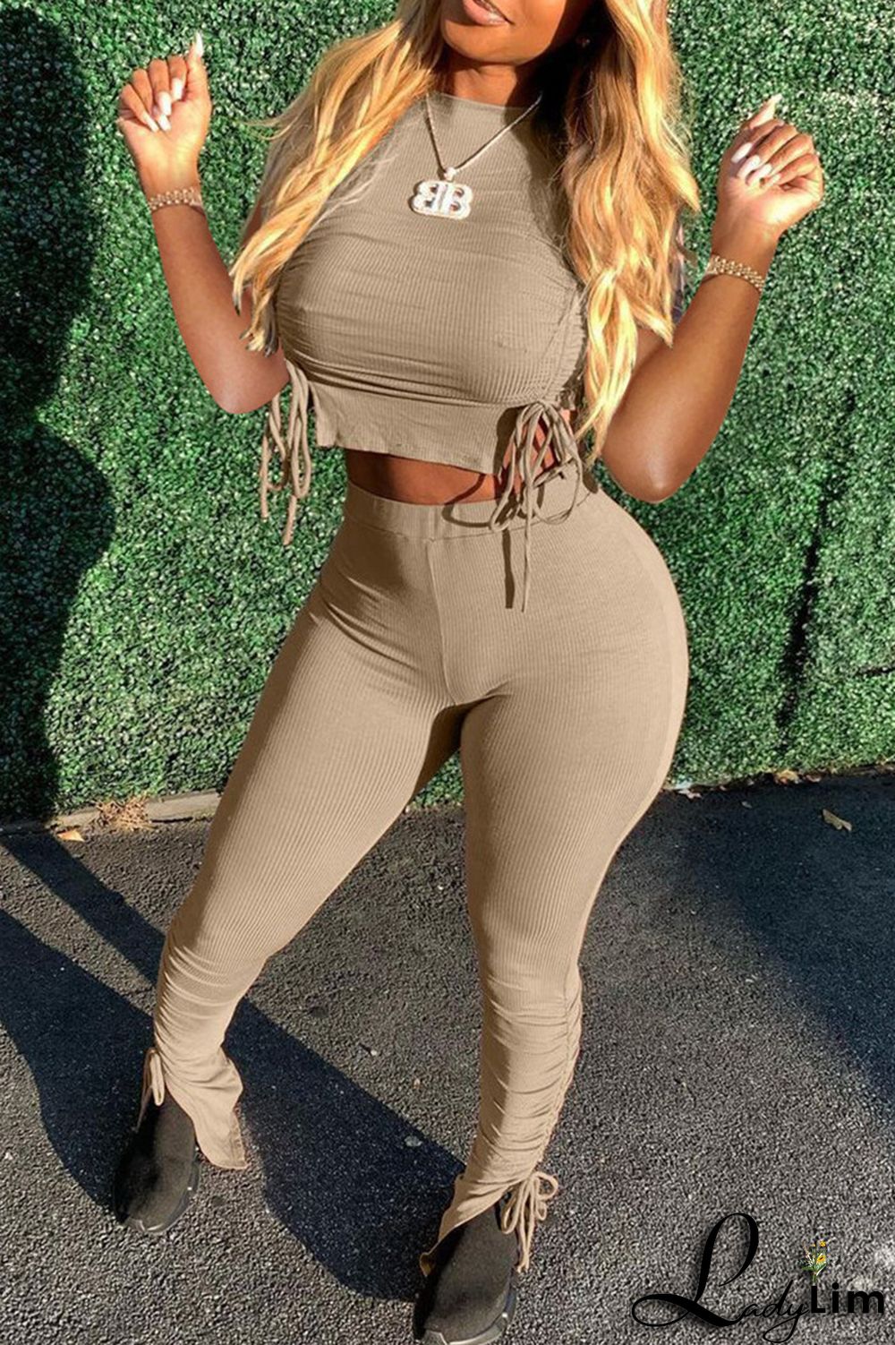 Khaki Fashion Casual Solid Draw String Frenulum O Neck Short Sleeve Two Pieces