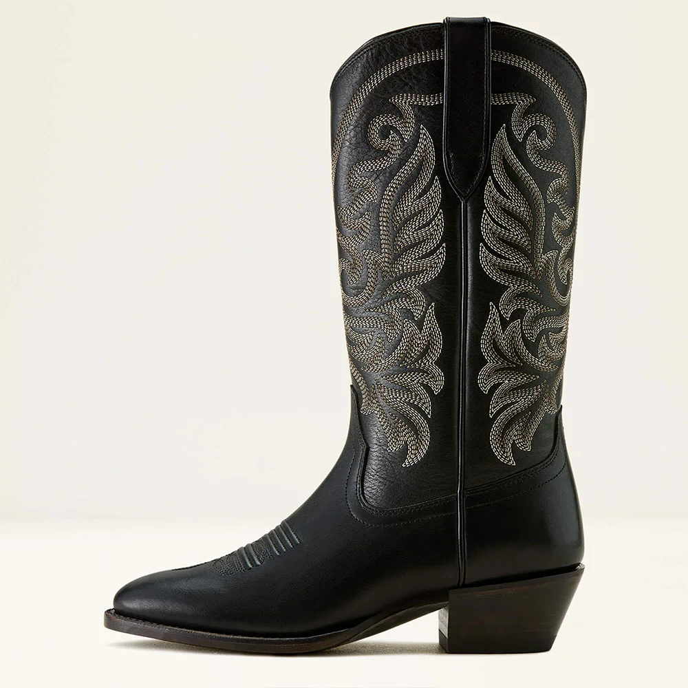 Black Round Toe Chunky Heel Mid Calf Western Boots with Embroidered
