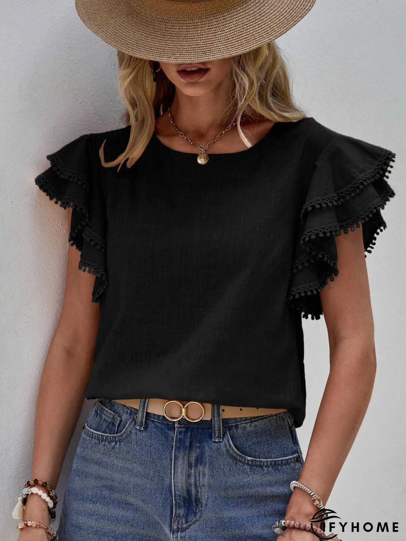 Gray Ruffle Short Sleeves V Neck Drawstring Top | IFYHOME