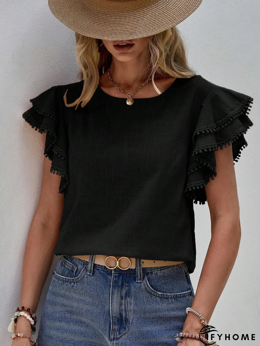 Gray Ruffle Short Sleeves V Neck Drawstring Top | IFYHOME