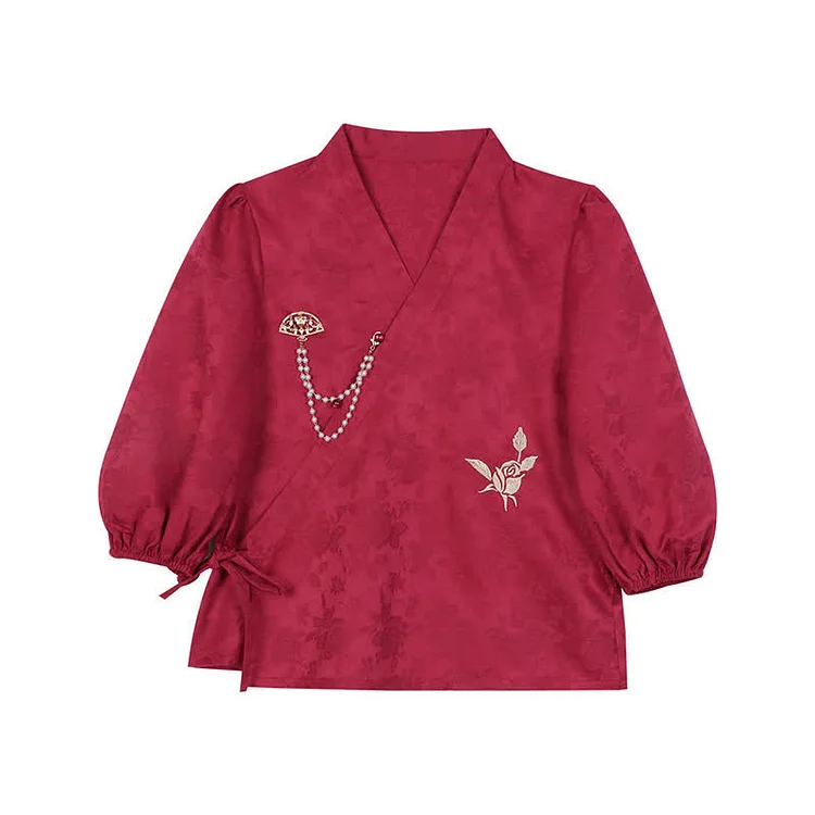 【50% OFF】Vintage Rose Embroidery V-neck Shirt Stitching Pleated Skirt - Modakawa Modakawa