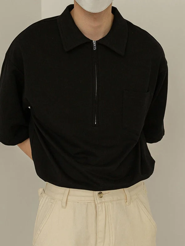 Aonga - Mens Lapel Pullover Zipper Half Sleeve ShirtsI