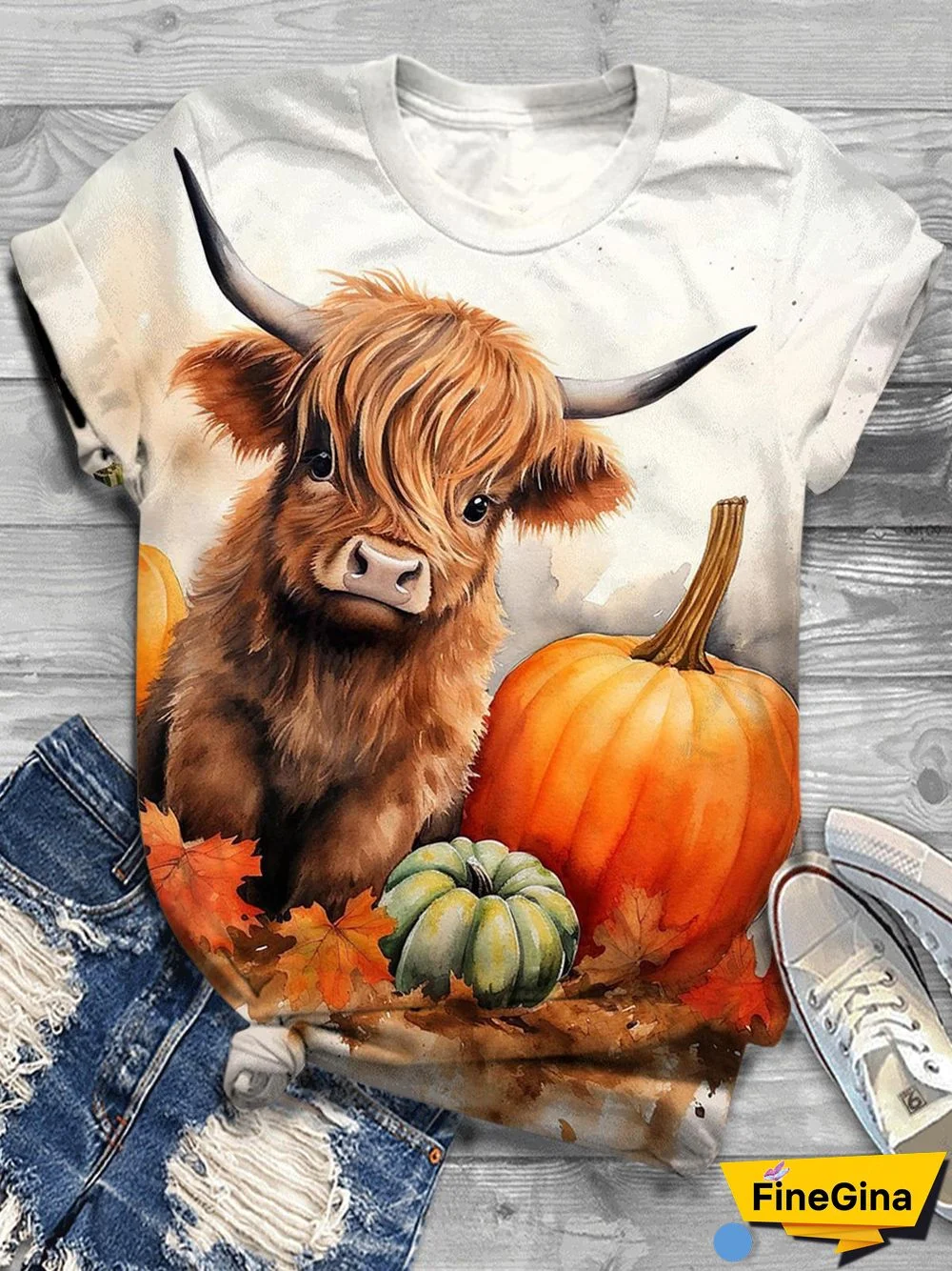 Pumpkin Highland Cow Print Crew Neck T-Shirt