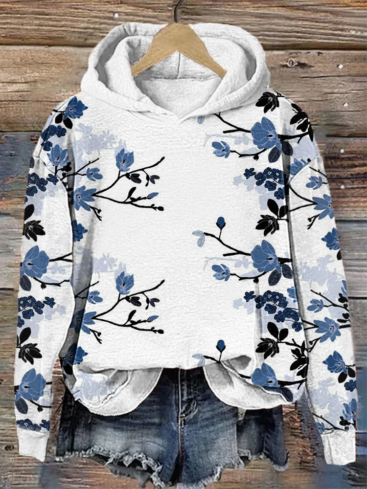 Wearshes Blue Floral Print Casual Cozy Hoodie