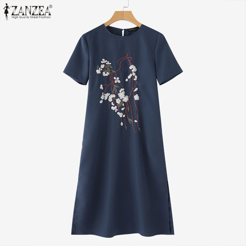 ZANZEA Summer Floral Embroidery Sundress  Women Elegant Work Party Dress Bohemain Holiday Vestidos Robe Casual Loose Dresses