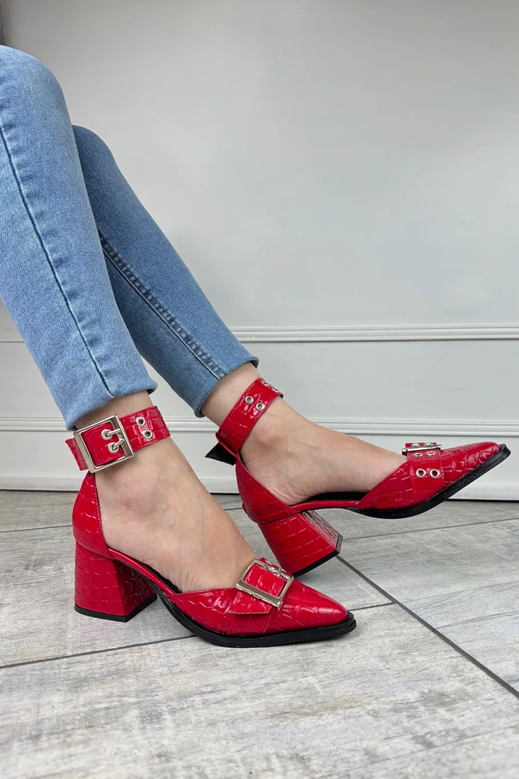 Ankle Strap Buckle Pointed Toe Red Chunky Heels [Pre Order]