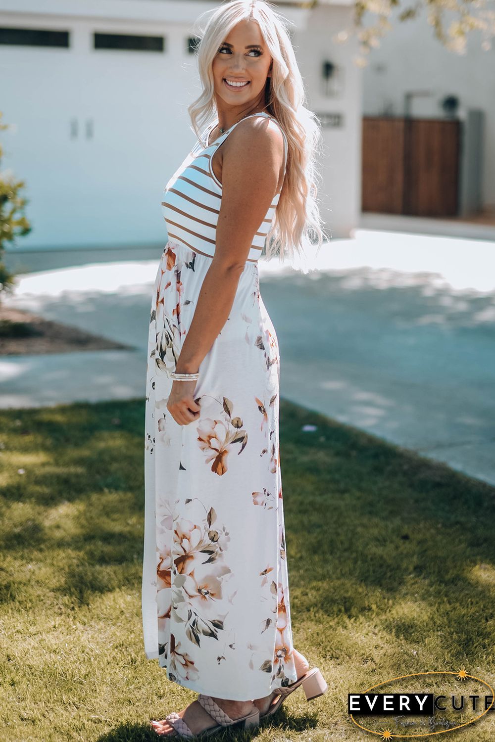 White Striped Floral Print Sleeveless Maxi Dress with Pocket