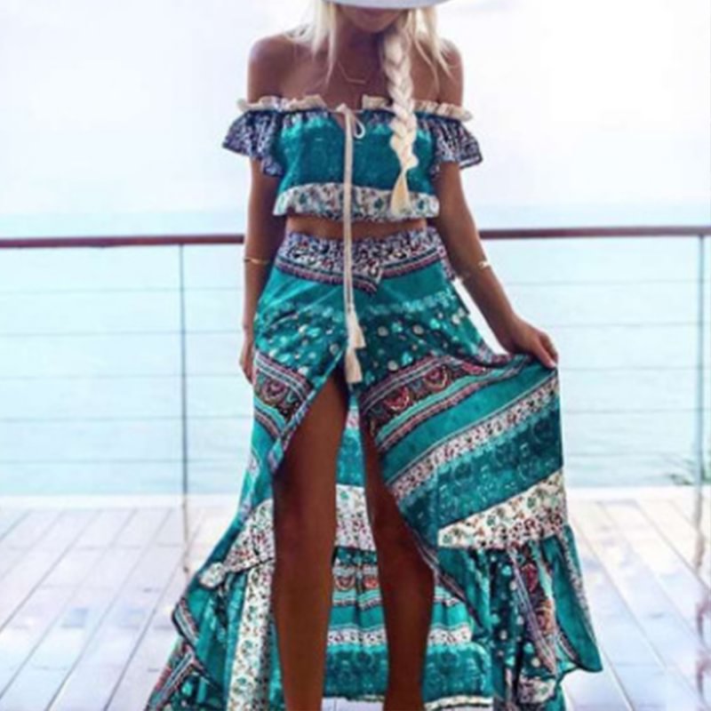 Printed Slit Long Skirt Two-Piece Suit For Women MusePointer