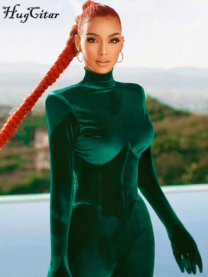 Hugcitar Solid Velvet With Corset Gloves Sexy Bodycon Jumpsuit 2021 Summer Fall Slim Party Club Elegant Streetwear Outfit Y2K