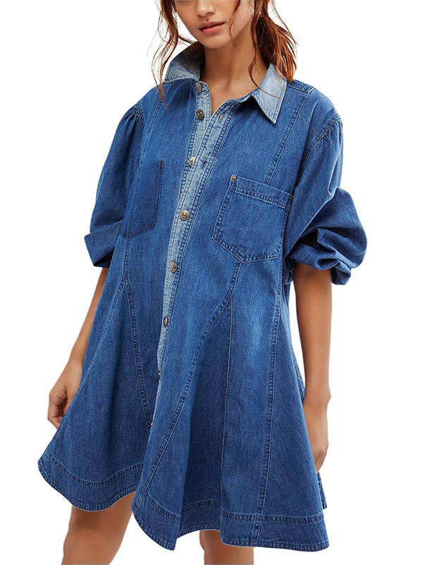 Lantern Sleeve Patchwork Denim Button Midi Dress