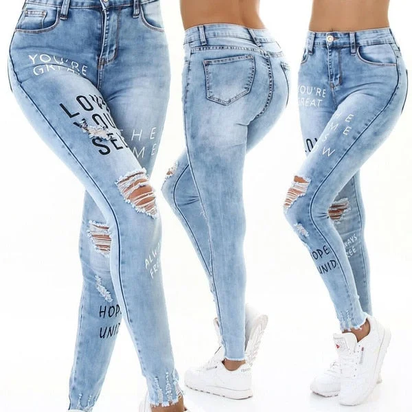 Jeans Woman High Waisted Straight Skinny Stretchy Pant Streetwear Women Letter Print Hole Washed Denim Pencil Pants Trousers