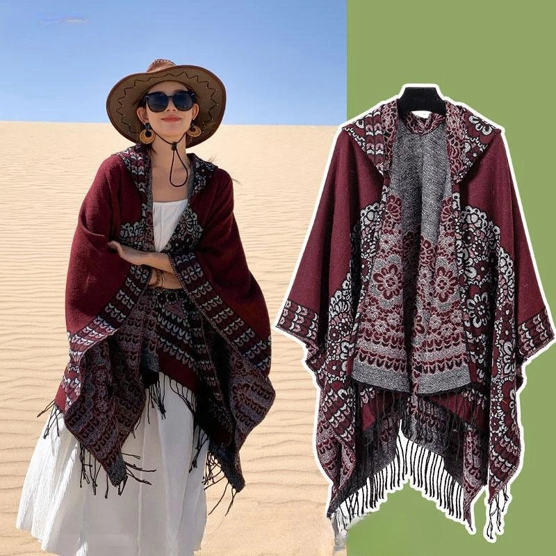 Ethnic Style Hooded Cape Women’s Yunnan Tibet Western Sichuan Grassland Bohemia Travel Wear Scarf Coat