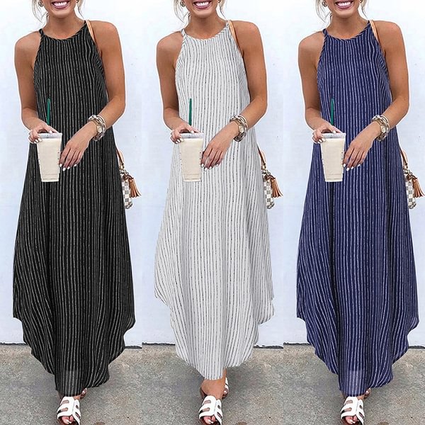 Women Spaghetti Strap Long Dress Striped Sundress Holiday Party Casual Loose Maxi Dresses Plus Size - Shop Trendy Women's Fashion | TeeYours