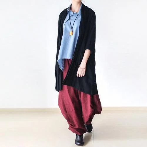 Black plus size linen cardigan women asymmetrical long sleeve coat outwear